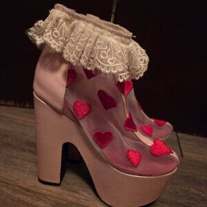 Dollskill pink platform, red heart mesh, frilly lace shoes! Us 6